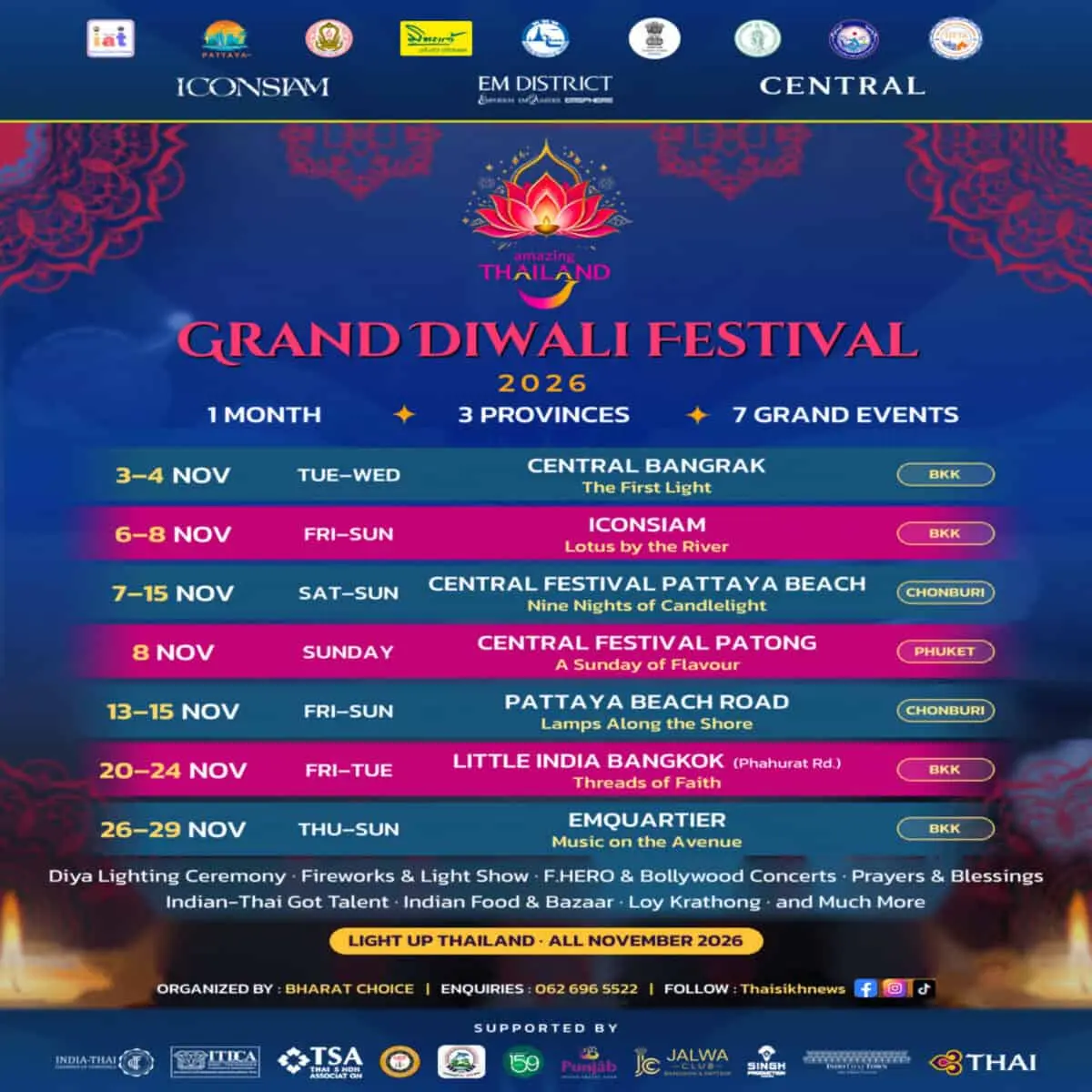 Bangkok se alătură Pattaya și Phuket pentru festivalul Diwali 2026